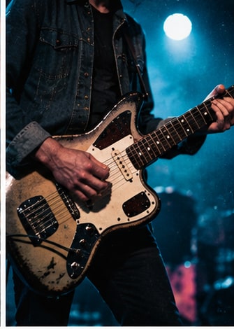 Close-up of electric guitarist playing vintage offset guitar under blue stage lights.