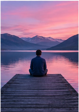 Figure sitting quietly at the end of a wooden lake dock overlooking mountains at sunset.