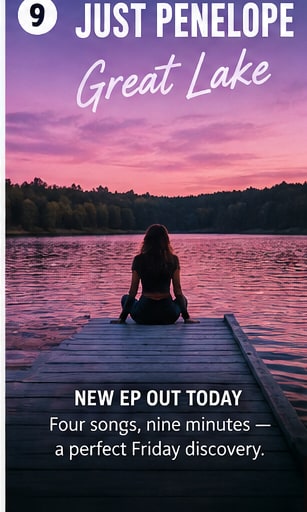 Silhouette sitting at the end of a wooden dock over lake at purple sunset for Great Lake EP.
