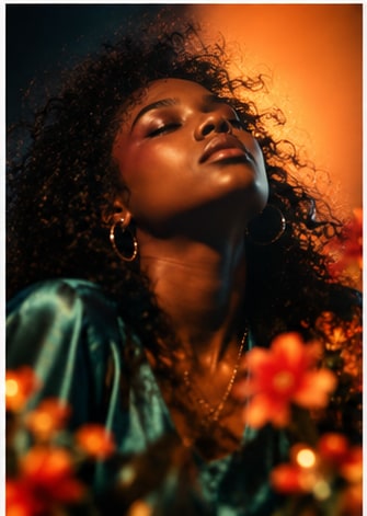 Kareen Lomax portrait in warm golden and amber lighting with flowers for debut album NAJI.