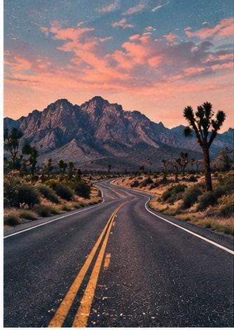Winding desert road through Joshua trees toward mountain peak under sunset sky for Liminal.