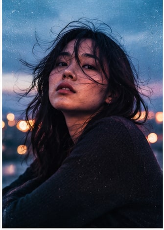 Young woman with windswept dark hair against evening city lights for MAY-A Writings on the Wall.