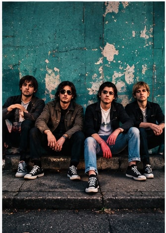 Four indie musicians sitting on street curb against weathered teal wall for Oscar The Wild.