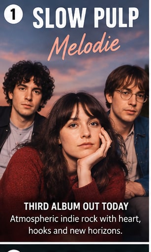 Slow Pulp third album Melodie announcement graphic against sunset sky.