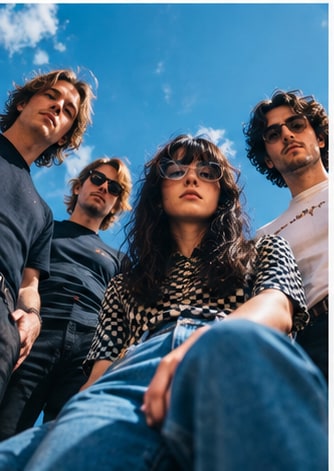 Female-fronted indie rock group looking down into the camera under bright blue skies.