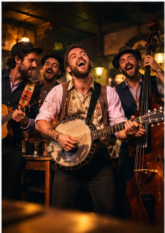 Irish folk ensemble singing with banjo, guitar, and upright bass in a traditional tavern.