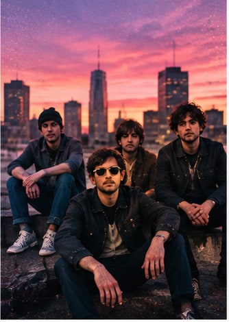 Four indie rock band members sitting on a city rooftop against a vibrant sunset skyline.