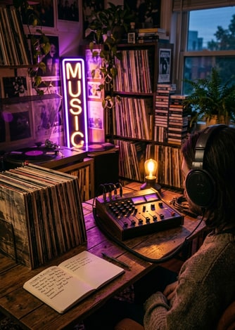 Studio headphones, glowing audio mixer, stacked vinyl records, and handwritten playlist notes on a wooden desk.