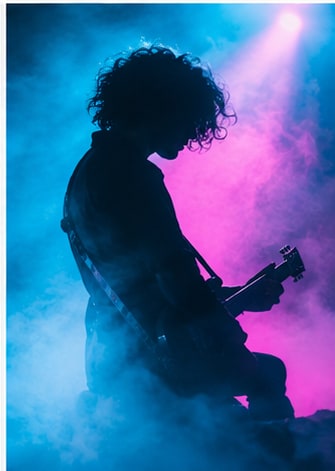 Guitarist silhouette performing under dramatic blue and magenta stage lighting for Crank It Up.